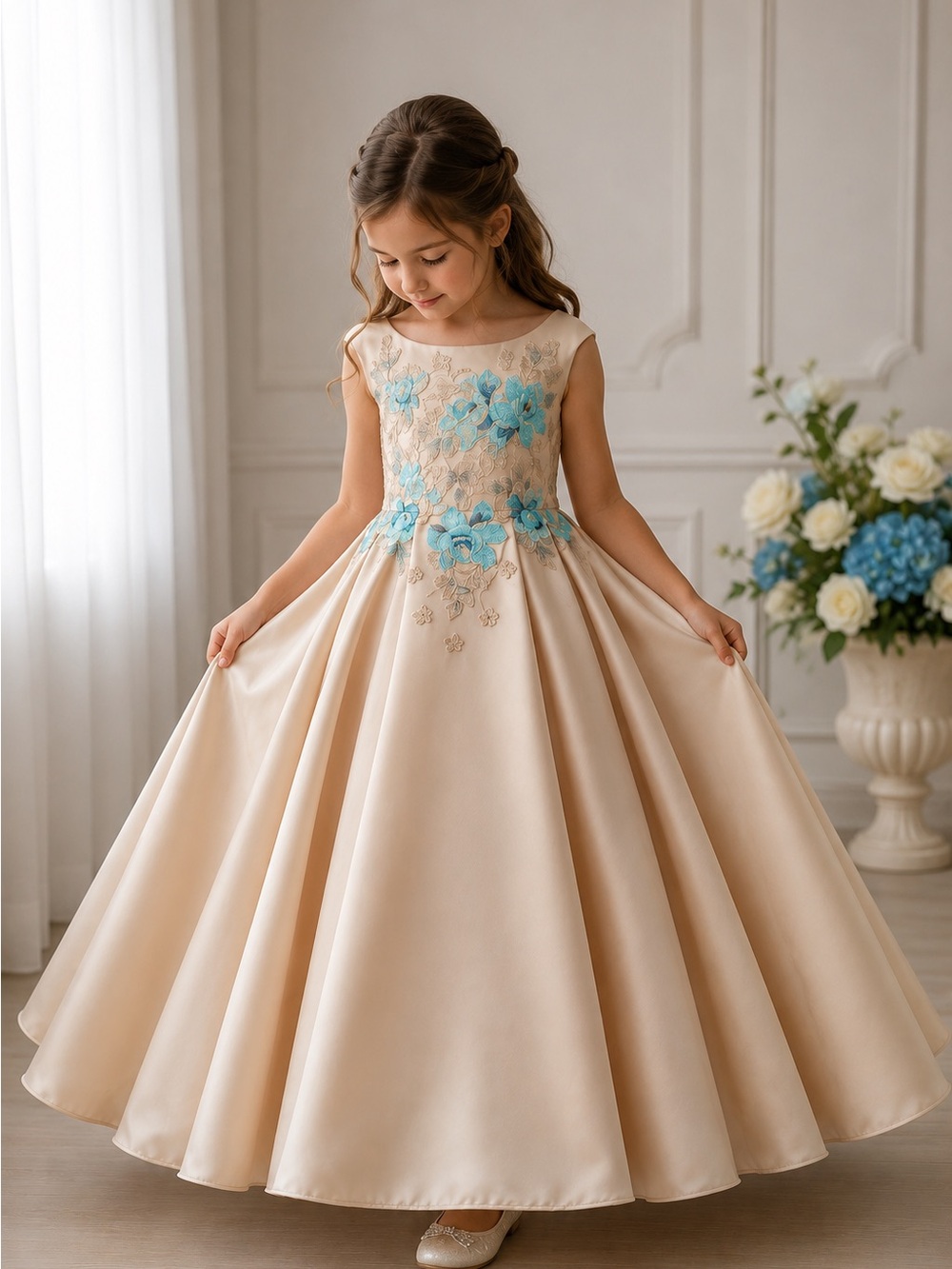 Cream Satin Flower-Appliqué Formal Dress for Girls with Blue Accents